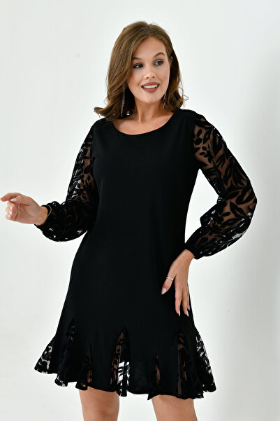 Moda Amore Kadın Midi Boy Elbise - Kollar Tül Kabartma Sıfır Yaka Etek Ucu Tül Kabartma Detaylı 903