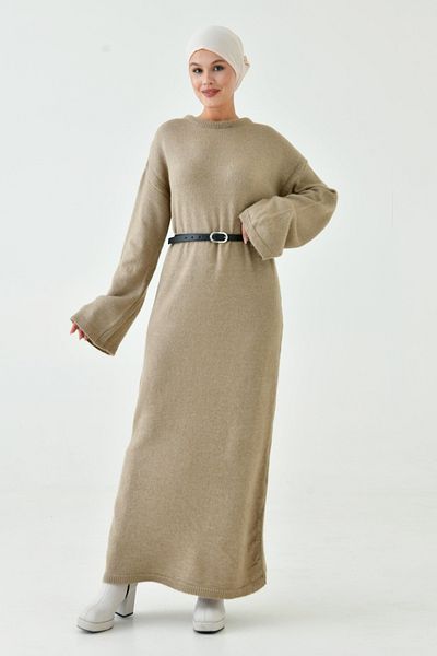 vuvutasarım Crew Neck Off Shoulder Sleeve Long Sleeve Belted Midi Size Oversize Mink Knitwear Hijab Dress 4097