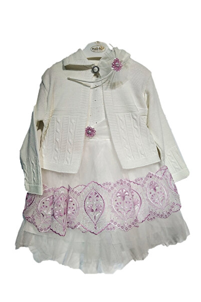 miniklife 2-3-4 Yaş Astarlı Desenli Hırkalı Tokalı Tütülü Abiye 3 lü Kız Elbise