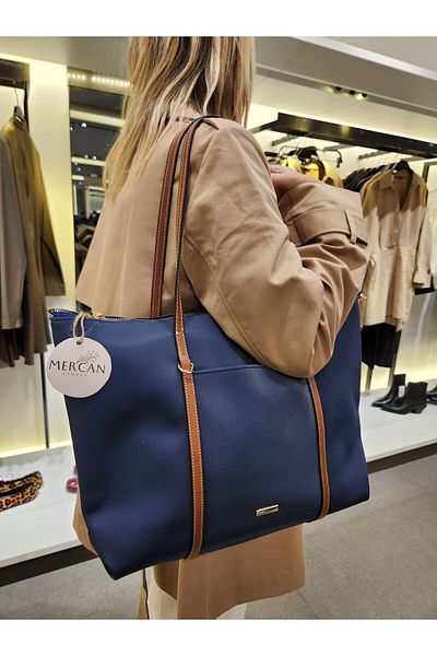 Mercan Stores Women's Navy Blue Wide Zippered Hand and Shoulder Bag, Laptop Bag