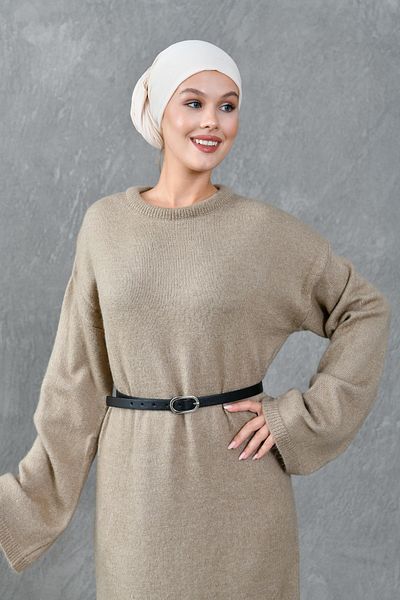 bayansepeti Modest Crew Neck Off Shoulder Long Sleeve Oversize Fit Mink Knitwear Hijab Dress with Belt 4097