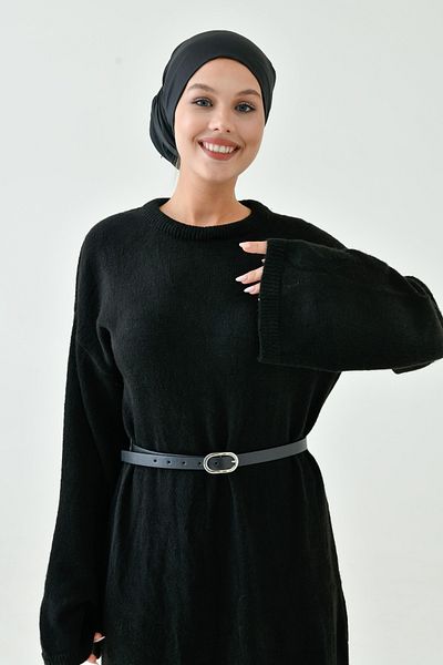 vuvutasarım Crew Neck Off Shoulder Sleeve Long Sleeve Belted Midi Size Oversize Black Knitwear Hijab Dress 4097