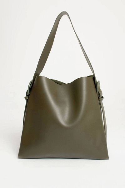Glemix Nastroy Large Size Khaki Shopper - Women's Shoulder Bag with Belt Detail and Snap Closure