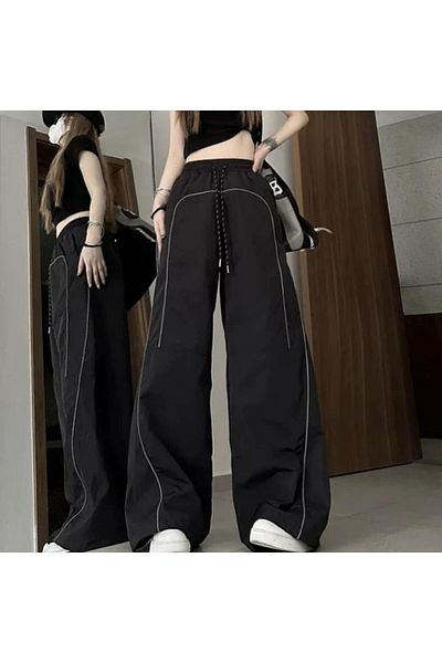 EDVESS Black Y2k Baggy Parachute Pants - New Trend with Stripe Detail