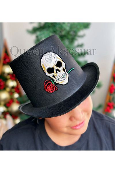 QUEEN AKSESUAR Adult Luxury Skull Embroidered Black Hat - Halloween Party and New Year's Fedora