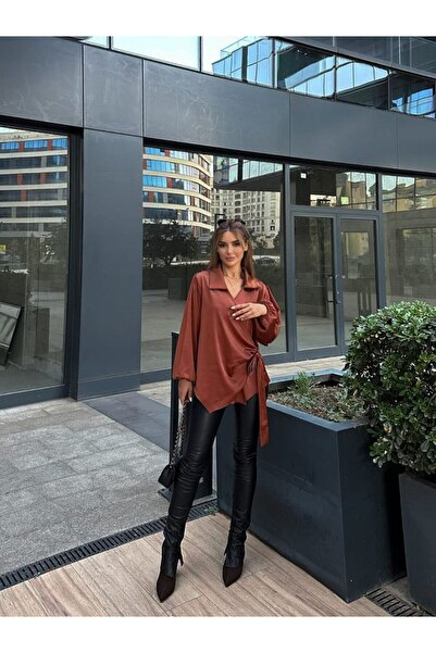 ubmbutik Γυναικεία Μπλούζα - Μοντέλο Zra - Πουκάμισο με Πλαϊνό Δεμένο Πέτο Σατέν Μπλούζα