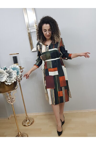 FERGAN Women's Khaki Multicolored Long Sleeve Midi Daily Shirt Dress