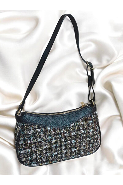 Velveteen Siyah Renkli Kareli Tüvit Kumaş Ve Deri Detaylı Kadın Omuz Çantası