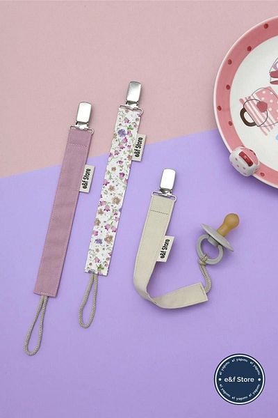 e&f Store Certified Cotton Pacifier Strap - Set of 3 - Dried Rose, Beige, Floral - Baby Pacifier Chain