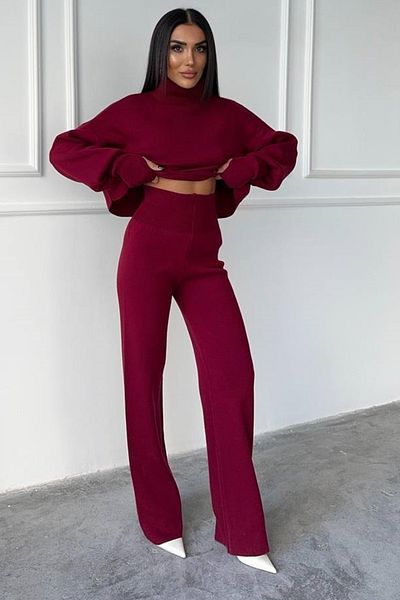 vuvutasarım Set aus Strickpullover und Hose mit hoher Taille und Handbesatz – Rollkragenpullover, Burgunderrot 015