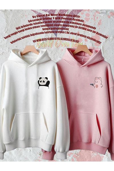 Boi Σετ 2 Φούτερ Panda and Rabbit Printed Lover - Oversize ροζ, ασπρόμαυρο κουκούλα