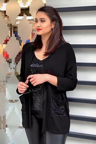 MODANİCE Hooded and Pocketed Sequin Cardigan