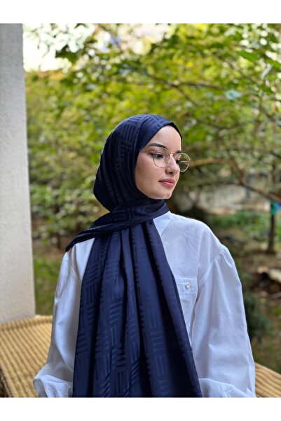 shalby Hijab Bumbac mătăsos Jacquard Model Chibrit Şal Bleumarin