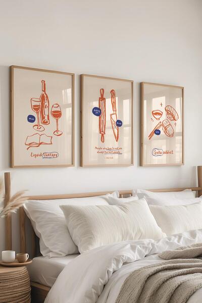 Postifull Çerçeveli Tablo Seti, 3 Adet Ahşap Çerçeve ve Minimalist Yemek Tema...