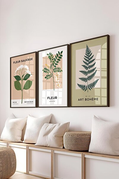 Postifull Çerçeveli Tablo Seti, 3 Adet Siyah Çerçeve ve Minimalist Çiçekler Temalı Poster Seti, No:300485
