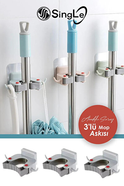 Single (3 Adet) Paspas Süpürge Fırça Ve Mop Askısı Sap Tutucu Mutfak Banyo Askı