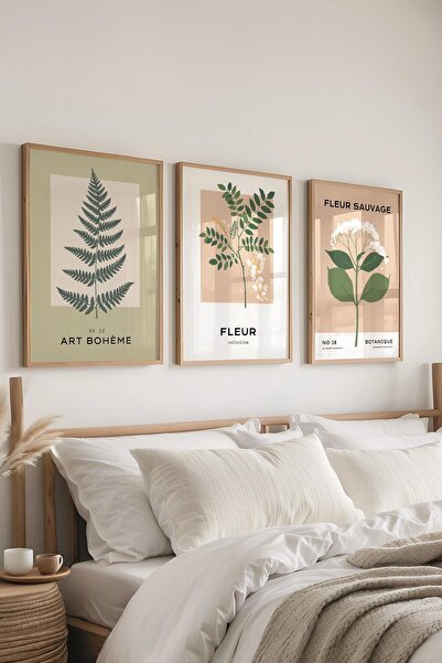 Postifull Çerçeveli Tablo Seti, 3 Adet Ahşap Çerçeve ve Minimalist Çiçekler T...