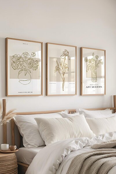 Postifull Çerçeveli Tablo Seti, 3 Adet Ahşap Çerçeve ve Minimalist Çizim Temalı Poster Seti, No:300581