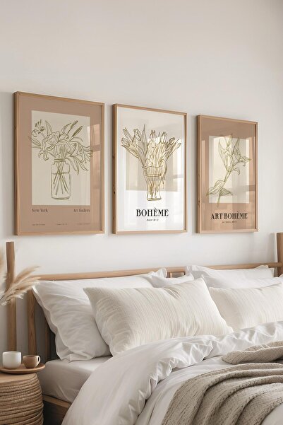 Postifull Çerçeveli Tablo Seti, 3 Adet Ahşap Çerçeve ve Minimalist Çizim Tema...