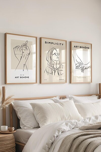 Postifull Çerçeveli Tablo Seti, 3 Adet Ahşap Çerçeve ve Minimalist Çizim Tema...