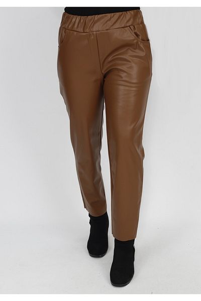Puane Pantaloni din piele artificială cu buzunare cu talie elastică