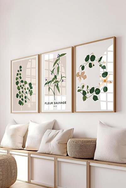 Postifull Çerçeveli Tablo Seti, 3 Adet Ahşap Çerçeve ve Minimalist Botanik Temalı Poster Seti, No:300478