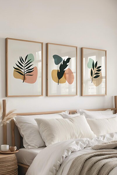 Postifull Çerçeveli Tablo Seti, 3 Adet Ahşap Çerçeve ve Soyut Botanik Temalı ...