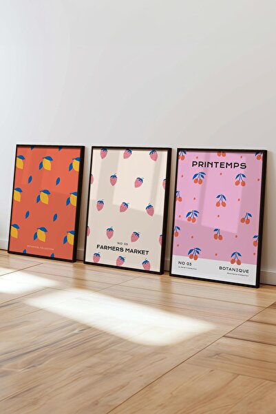 Postifull Çerçeveli Tablo Seti, 3 Adet Siyah Çerçeve ve Pastel Temalı Poster Seti, Duvar Tablosu No:300452