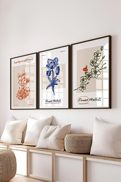 Postifull Çerçeveli Tablo Seti, 3 Adet Siyah Çerçeve ve Minimalist Botanik Te...