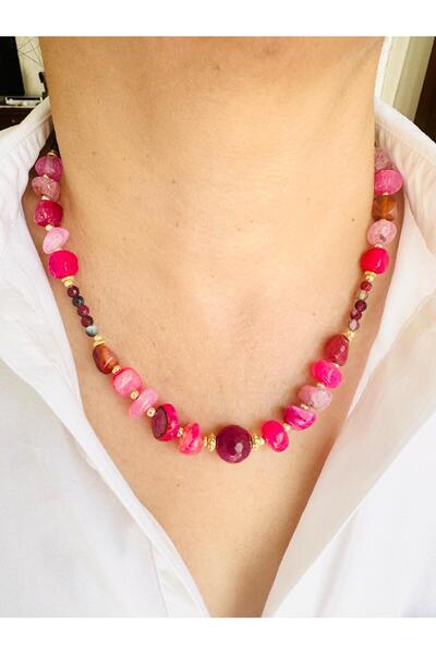DEVİ fashion Pembe Kuvarsit Doğal Taş Kolye