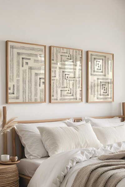 Postifull Çerçeveli Tablo Seti, 3 Adet Ahşap Çerçeve ve Siyah Beyaz Soyut Tem...