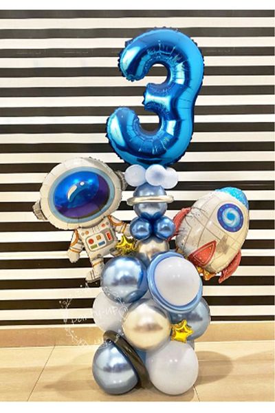 PARTİAVM Astronaut Rocket Space Themed 3 Years Old Blue Number Balloon Set