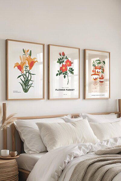 Postifull Çerçeveli Tablo Seti, 3 Adet Ahşap Çerçeve ve Minimalist Botanik Te...