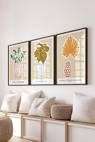 Postifull Çerçeveli Tablo Seti, 3 Adet Siyah Çerçeve ve Minimalist Botanik Te...