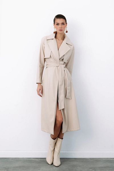 SMTFASHION Stone Color Long Belted Leather Trench Coat