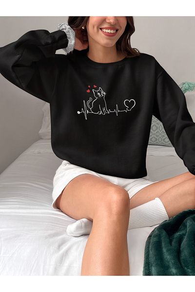 MAGORS Style-X Cat Love Printed Cycling Neck Oversize Three Yarn Charded Sweatshirt