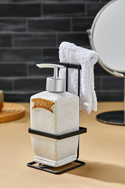 EMBazaar White Liquid Soap Dispenser with Metal Stand and Towel