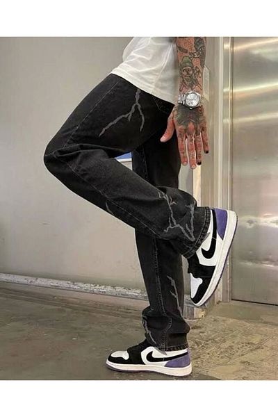 phantom jns by sekman Dark Gray Lightning Patterned Baggy Fit Denim Oversize Trousers - Phantom Jeans Street Style