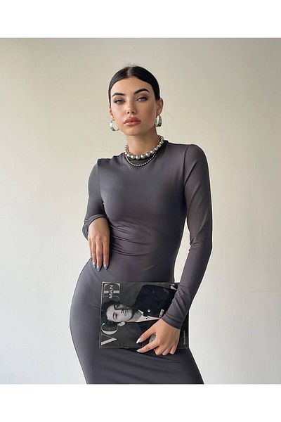 Natavanbutık Classic Gray Long Sleeve Dress