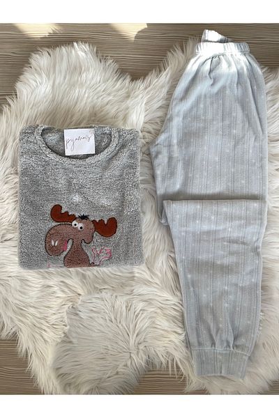 Pijamacs Gray Deer Patterned Kangaroo Pocket Detailed Fleece Pajama Set