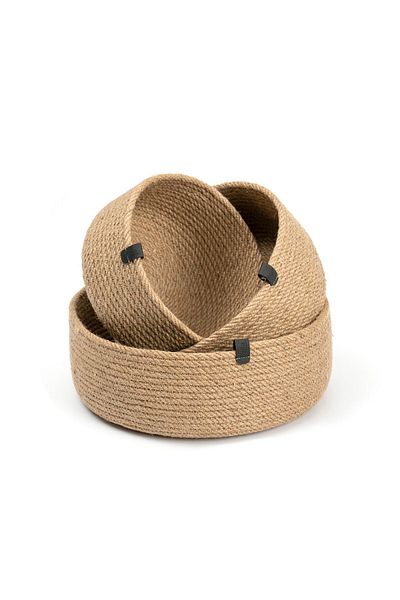 Handmade Opia 3-Piece Jute Shallow Wicker Basket, 100% Handmade, Wicker, Jute, Cotton, Vegan