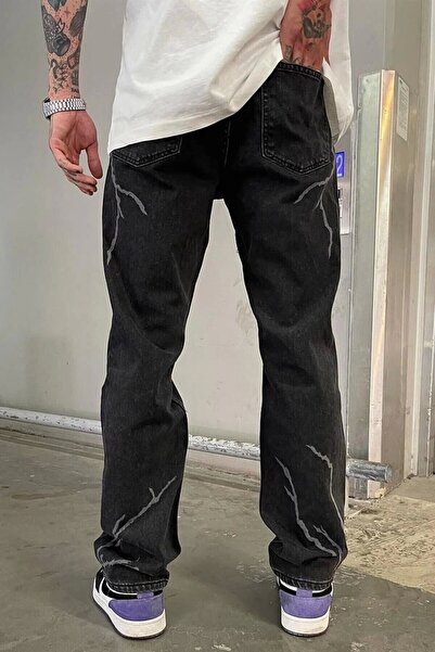phantom jns by sekman Baggy Fit Şimşek/yıldırım Desenli Koyu Gri Kot Pantolon Denim Oversize Phantom Jeans Sokak Stili