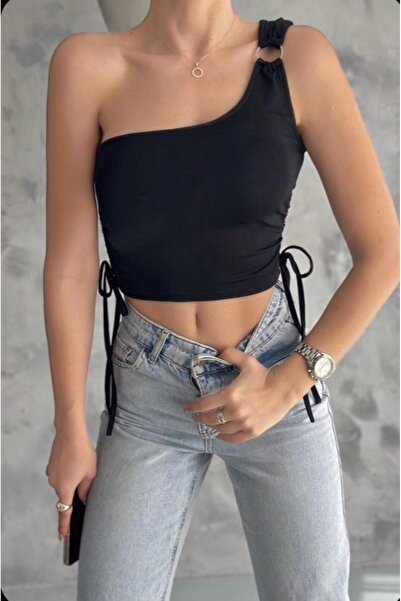 SUSEEMODA Toka Detay Tek Omuz Bluz Siyah