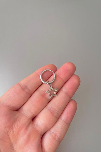 Jaida Moda Unisex Silver Star Dangle Steel Hoop Earrings