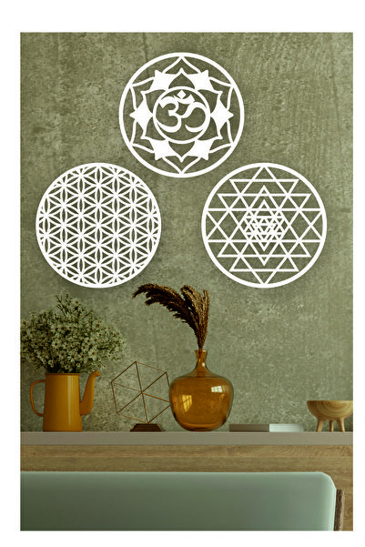 UNT Floarea vieții din lemn, Sri Yantra și simbolul Om, pictură decorativă triplă, ornament de perete 30 cm