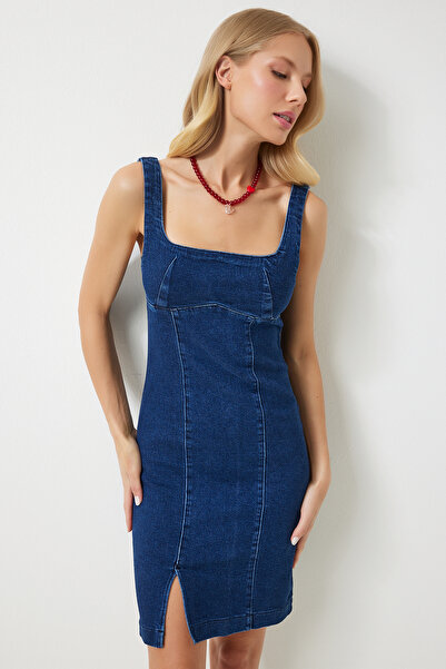 Lovelyİstanbul Μίνι Τζιν Φόρεμα Strappy Lycra Square Neck - Μπλε Lkq0002