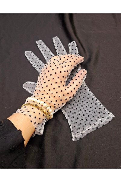 es moda shop قفازات كلاسيكية بطول المعصم بنقاط سوداء على صوفيا أبيض