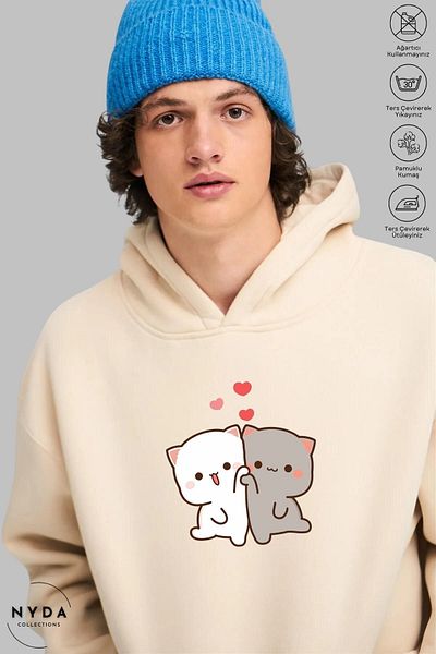 Nyda Collections Φούτερ Unisex με μακρυμάνικη καρδιά με στάμπα - Βαμβακερή κουκούλα Oversize