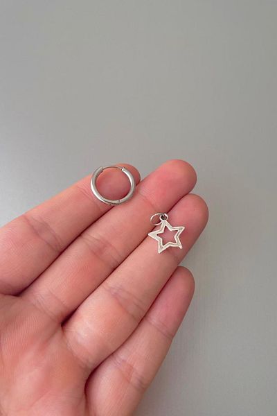Jaida Moda Unisex Silver Star Dangle Steel Hoop Earrings