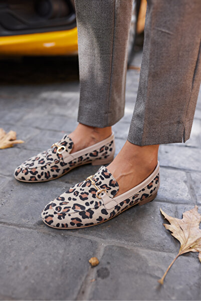 ANGELİNA JONES GEOLA FEMEI BEIGE LEOPARD PAPETĂ CU CATARAMĂ DE PIELE REALĂ